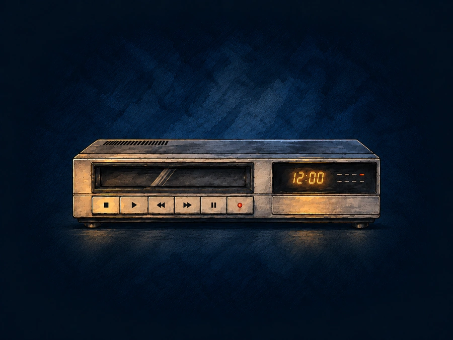 A hand-drawn mid-1980s VCR with a 12:00 display.