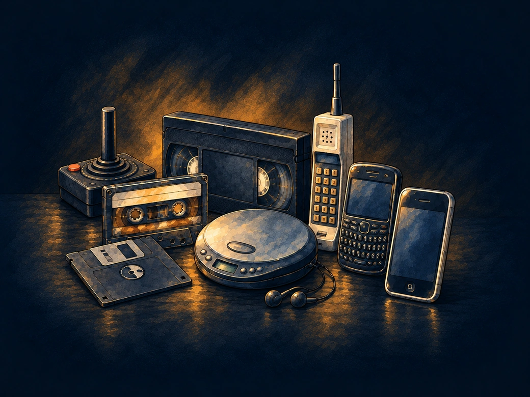 A collection of technology spanning a joystick, disks, tapes, a CD player and early mobile phones.