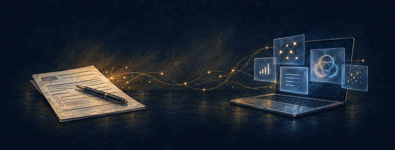 A paper job application and pen connected by threads of light to a laptop surrounded by AI panels.
