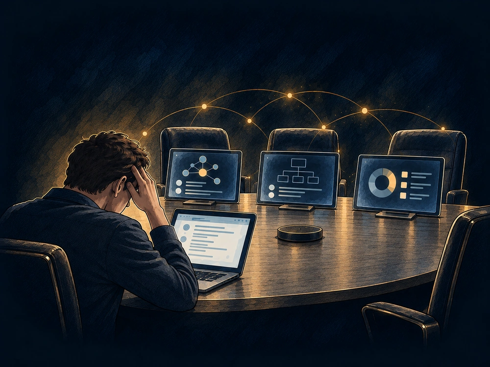 Phil sits with his head in his hand at a conference table where AI screens occupy the other seats.