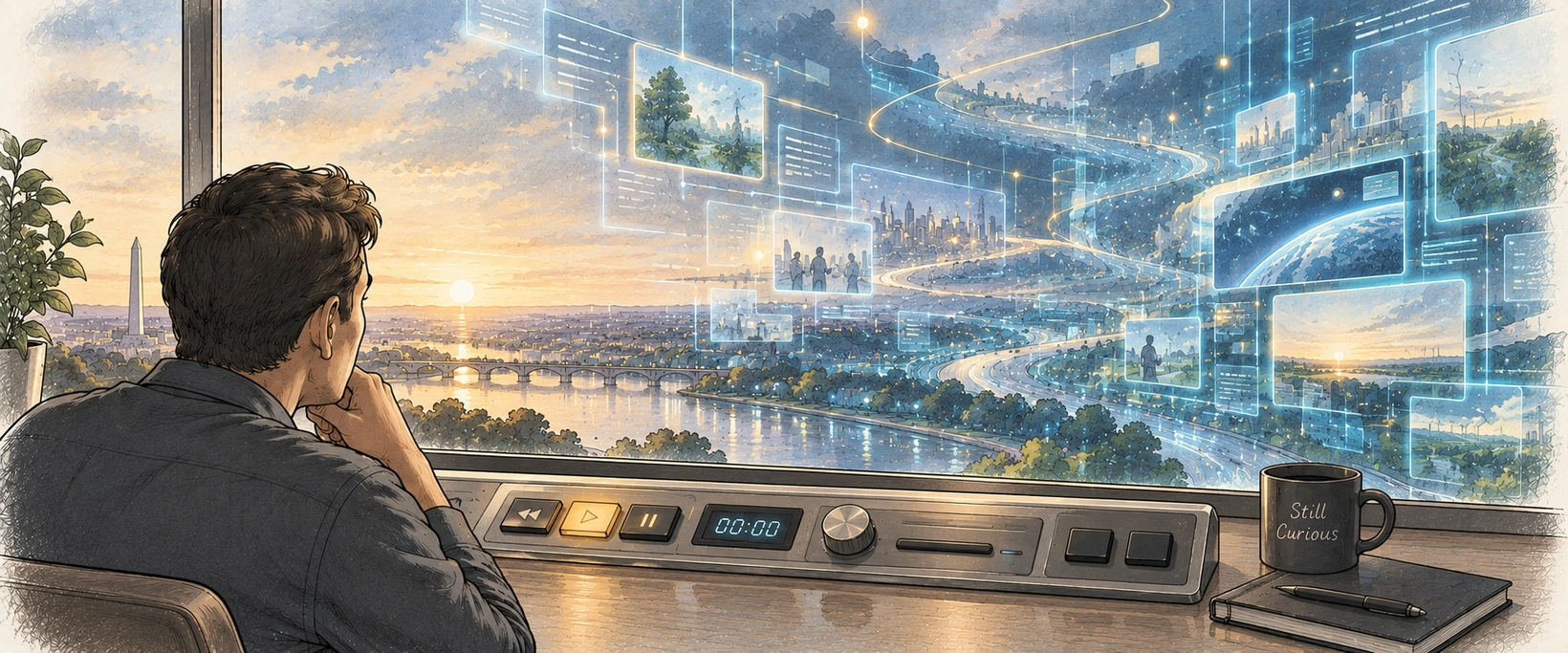 Phil faces an expansive technological future from a simple control panel beside a mug reading Still Curious.